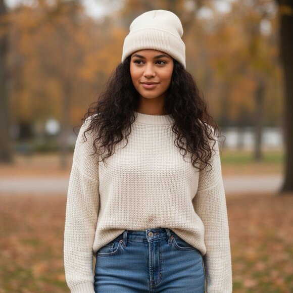 The Thrifty Broad Accessories - Handmade Upcycled 100% Cashmere Beanie Hat Soft Cozy Winter Knit Cap Cream